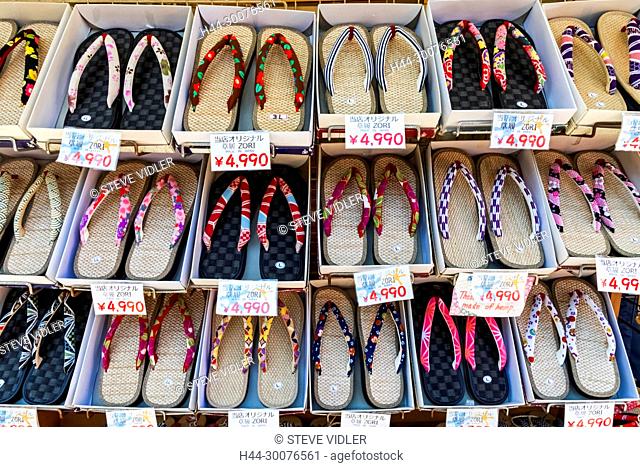 Japan, Honshu, Tokyo, Asakusa, Nakamise Shopping Street, Souvenir Shop Display of Traditional Zori Sandals