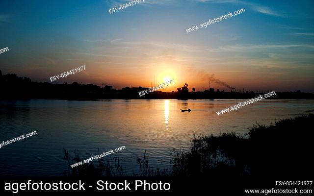 Landscape of Euphrates river in Nasiriyah city at the sunset, Iraq