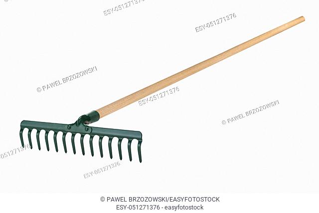 Metal rake with wooden handle isolated on white background