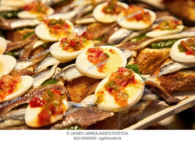 Anchovies and boiled egg, Pintxos, Bar Restaurante Portaletas, Parte Vieja, Old Town, Donostia, San Sebastian, Gipuzkoa, Basque Country, Spain