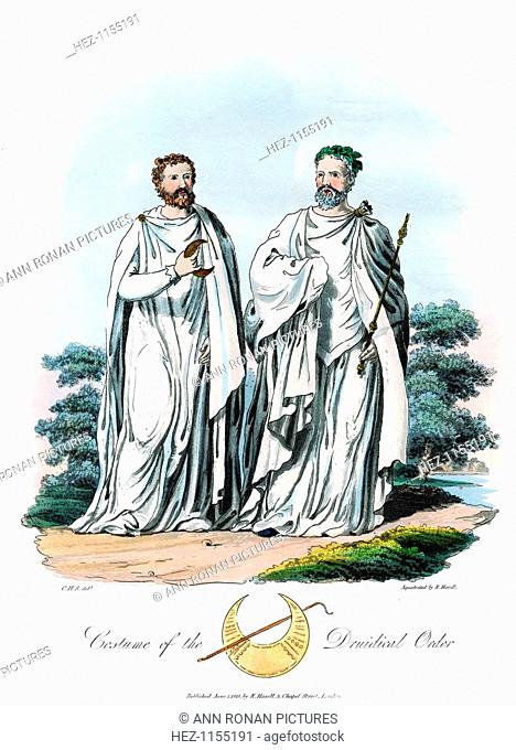 Druids, 1815. An Arch-Druid (right) crowned with oak leaves, holding a sceptre. The other druid holds a crescent (Caed-Rai-Re) representing the first quarter of...