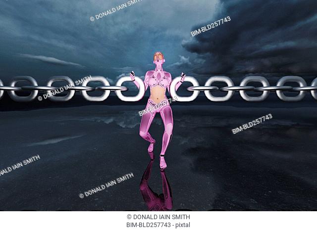 Mujer androide rosa uniendo cadenas