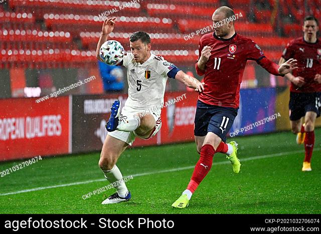 L-R Jan Vertonghen of Belgium and Michael Krmencik of Czech in action during the World Cup qualifier group E: Czechia vs Belgium in Prague, Czech Republic