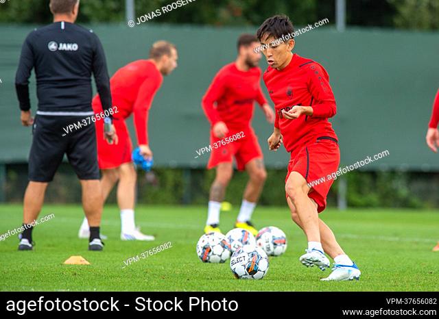 Antwerp's Koji Miyoshi plays the ball during a training session of Belgian soccer club Royal Antwerp FC, Wednesday 20 July 2022 in Antwerp