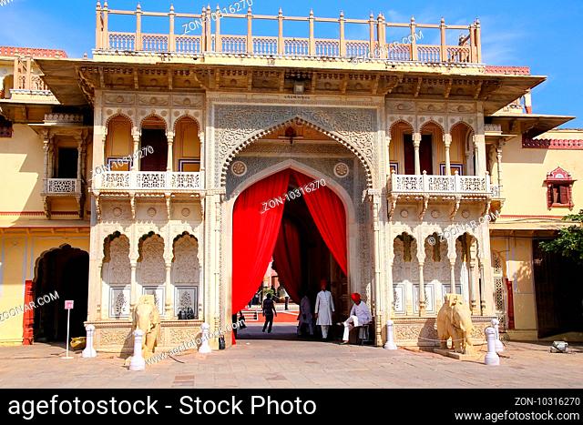 Rajendra Pol in Jaipur City Palace, Rajasthan, India. Palace was the seat of the Maharaja of Jaipur, the head of the Kachwaha Rajput clan