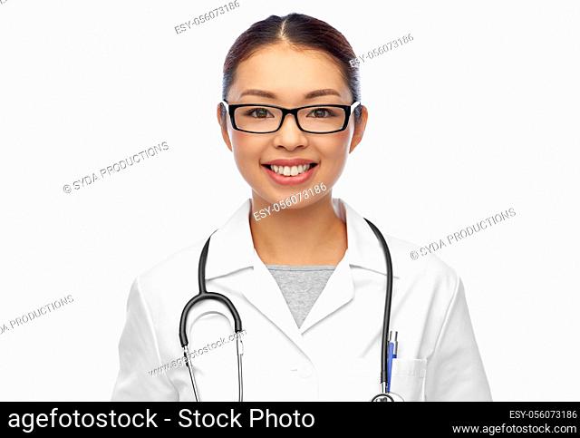 portrait of happy asian female doctor in glasses