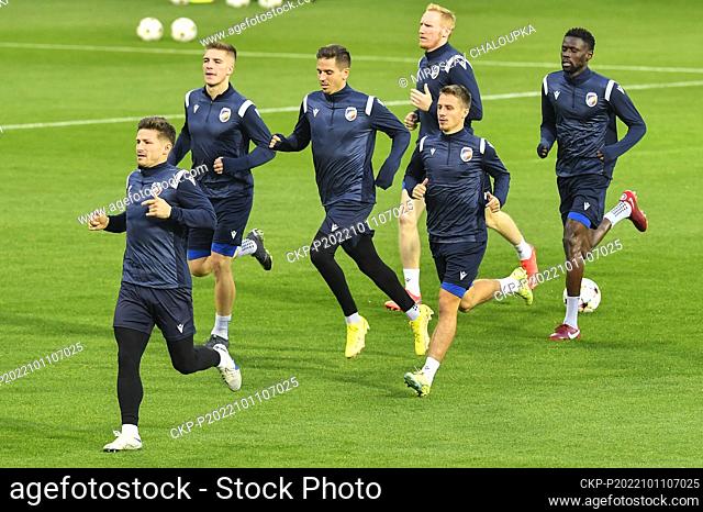 Soccer players of Viktoria Plzen in action during the training session prior to Viktoria Plzen vs Bayern Munich group C of football Champions' League match in...