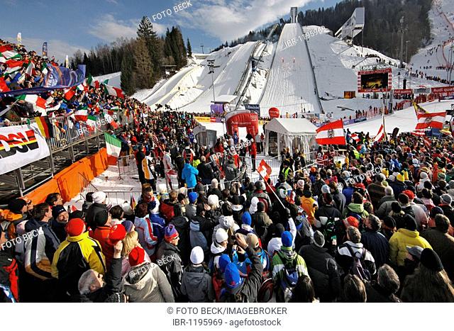 Slalom on Gudiberg mountain, Ski World Cup, winter sports, grandstand, spectators, Garmisch Partenkirchen, Upper Bavaria, Bavaria, Germany, Europe