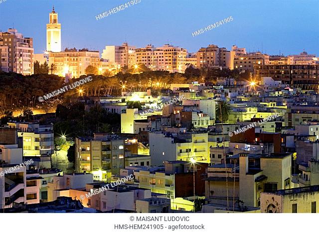 Morocco, Tangier Tetouan Region, Tangier, new Town and Mohammed V mosque seen from the Medina