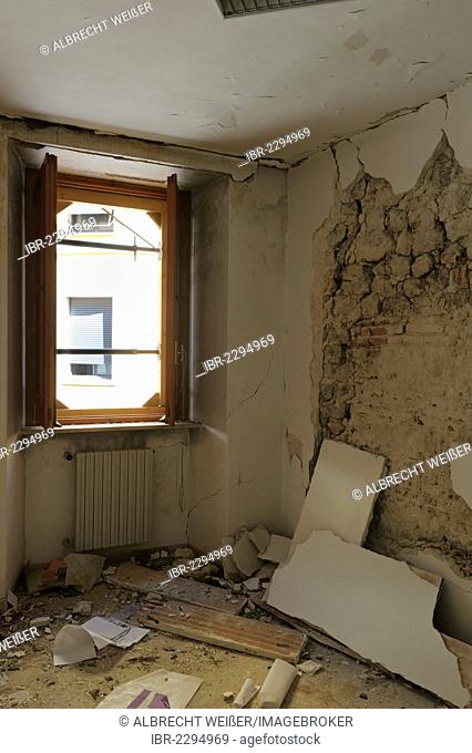 Heavily damaged office in an uninhabitable building, destroyed by the earthquake on 6th April 2009, L'Aquila, Abruzzo region, Italy, Europe, PublicGround