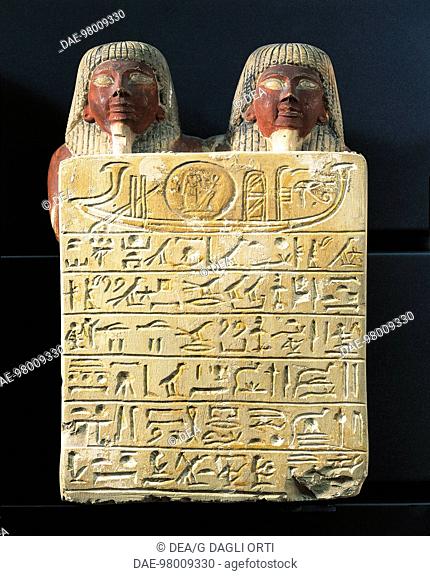 Egyptian civilization, New Kingdom, Dynasty XIX. Limestone stele of Dydy and his son Pendua, master carpenters, offering a hymn to the sun god Ra