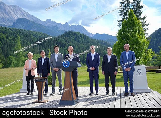 dpatop - 26 June 2022, Bavaria, Elmau: German Chancellor Olaf Scholz (SPD) speaks during a press statement on partnerships for global infrastructure and...