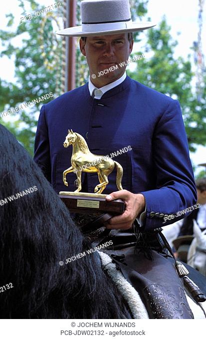 Jerez de la Frontera, rejoneador Fermin Bohorquez showing the caballo de oro at the Feria del caballo