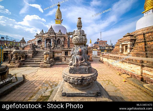 Sacred Gompa. Sculptures of Gods and Goddesses carved on the stone of Ancient Buddhist Temple and ancient ruins. Intricate Details