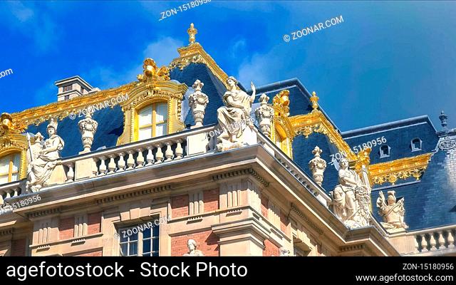 VERSAILLES, PARIS, FRANCE- SEPTEMBER 23, 2015: close up of the decorative architectural detail of the marble courtyard at the palace of versailles, paris