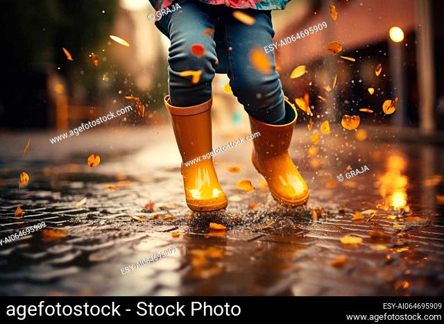 Low angle view of kids feet in a yellow color rain boots. Running in the puddle after rain, feelings of joy and happyness