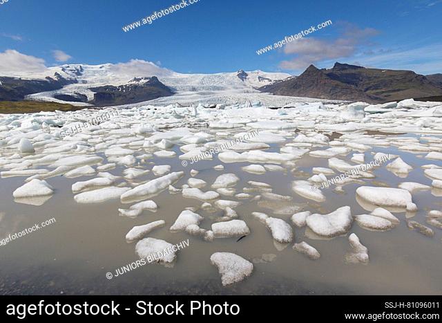 View of the glacial lake Fjallsarlon with the glacier Fjallsjoekull in the background. Iceland