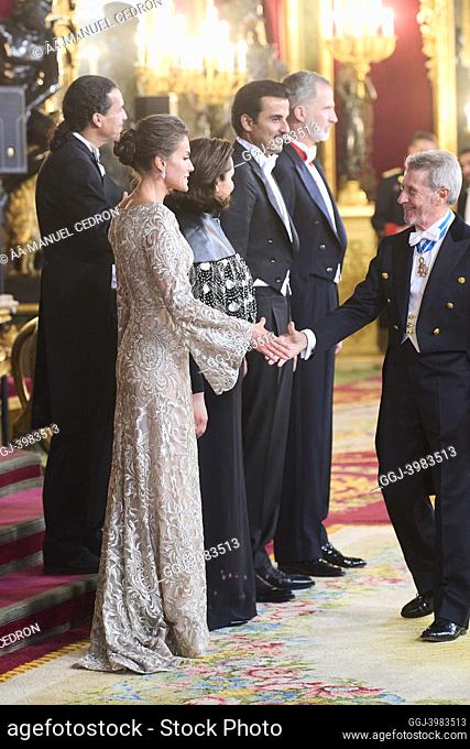 King Felipe VI of Spain, Queen Letizia of Spain, Sheikh Tamim Bin Hamad Al Thani, Sheikha Jawaher Bint Hamad Bin Suhaim Al Thani attends Gala Diner at Royal...