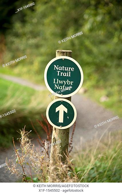 Bilingual welsh english nature trail sign Bluestone National Park resort holiday vacation centre, pembrokeshire west wales uk