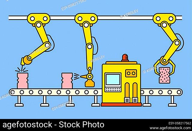 Thin line style assembly line. Automatic production conveyor. Robotic industry concept. Vector illustration