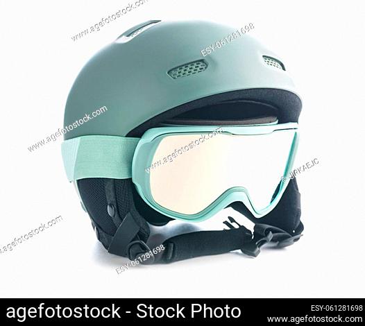 Ski or snowboarding helmet with goggles isolated on a white background