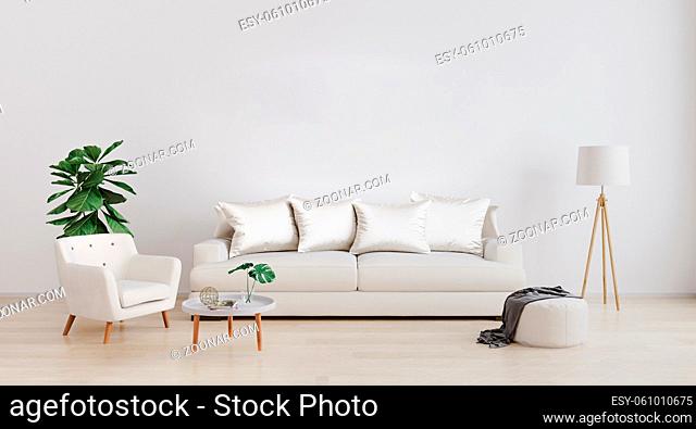 Stylish interior of bright living room with white sofa and armchair, floor lamp, plant and coffee table with decoration. Living room interior mockup