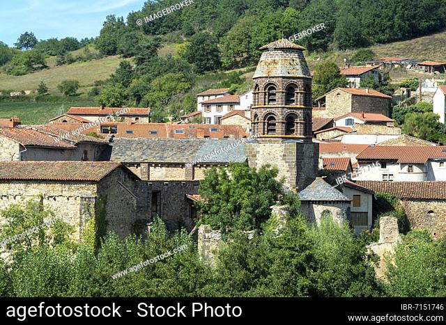 Lavaudieu village, labelled Les Plus Beaux Villages de France, bell tower of saint Andre Abbaye, Haute Loire department, Auvergne Rhone Alpes, France, Europe