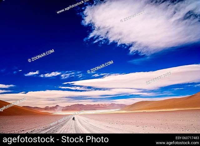 Lonely cyclist travelling through remote part of southern Altiplano, Bolivia