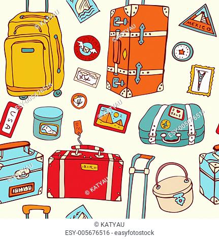 Travel seamless background. Suitcases and bags