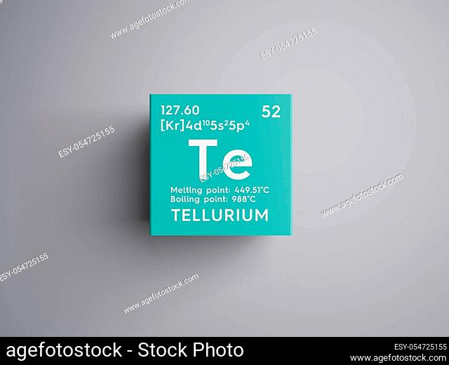Tellurium. Metalloids. Chemical Element of Mendeleev's Periodic Table. Tellurium in square cube creative concept. 3D illustration