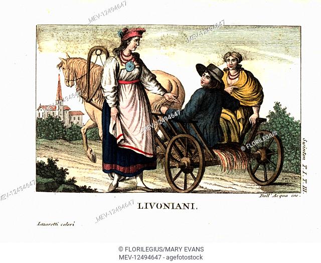 Livonians or Livs, indigenous people of Latvia and Estonia. Man in a wagon with woman passenger. Illustration from Andrew Swinton's Travels into Norway