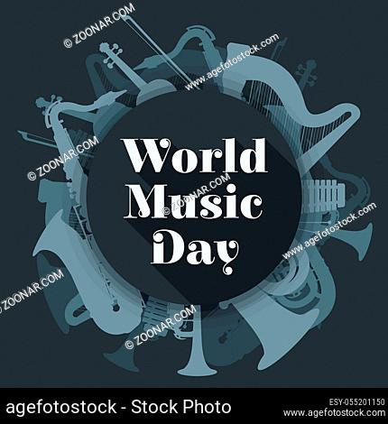 vector flat design world music day rounded poster illustration saxophone harp tuba trumpet violin xylophone dark grey color background