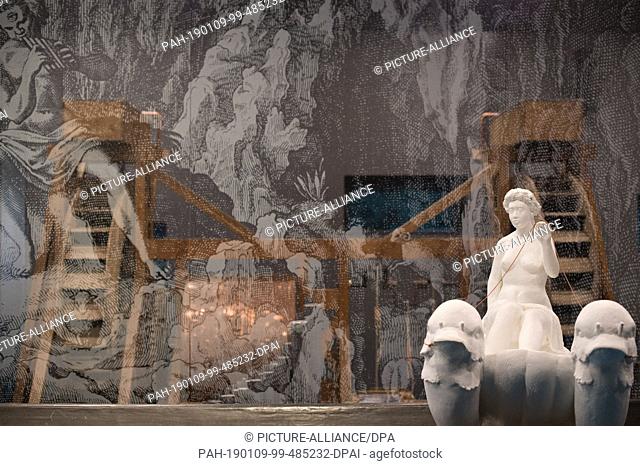 08 January 2019, Saxony-Anhalt, Blanckenburg: The sculpture of the nymph Galatea can be seen in the Michaelstein Monastery in front of the water wheels of the...