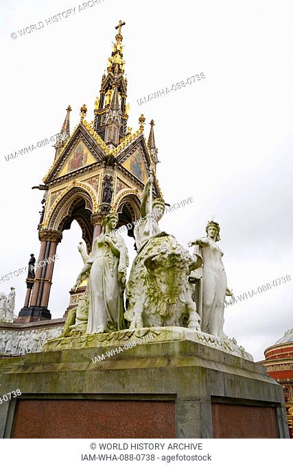 The Albert Memorial in Kensington Gardens, London. Commissioned by Queen Victoria in memory of her beloved husband, Prince Albert who died of typhoid in 1861