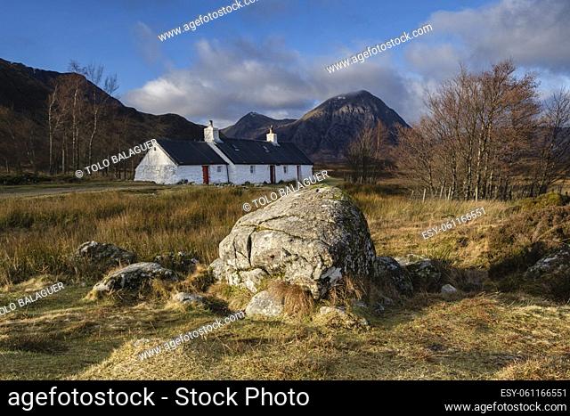 typical house, Glen Coe Valley , Lochaber Geopark, Highlands, Scotland, UK