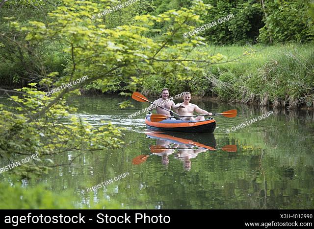 Canoeing on Eure river, Eure-et-Loir department, Centre-Val-de-Loire region, France, Europe