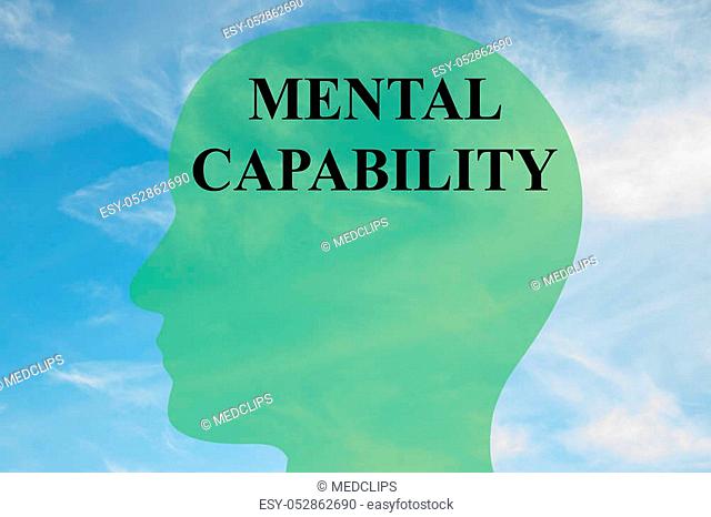 Render illustration of 'MENTAL CAPABILITY' script on head silhouette, with cloudy sky as a background