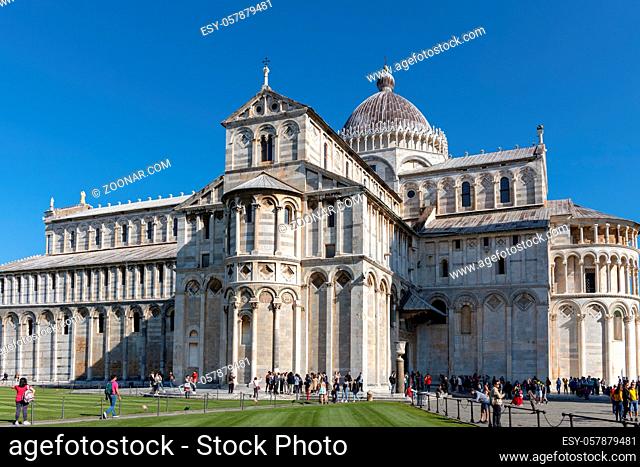 PISA, TUSCANY/ITALY - APRIL 18 : Exterior view of the Cathedral in Pisa Tuscany Italy on April 18, 2019. unidentified people