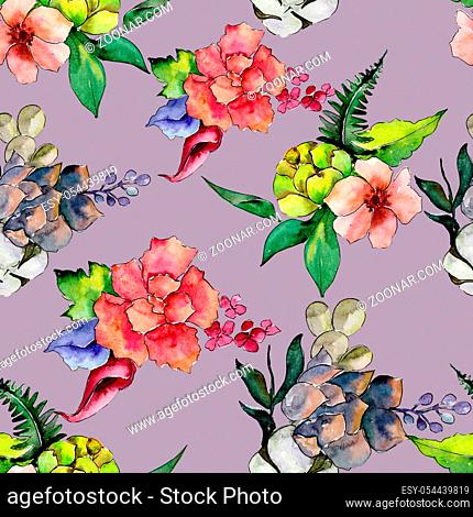 Tropical bouquet flower. Floral botanical flower. Seamless background pattern. Fabric wallpaper print texture. Aquarelle wildflower for background, texture
