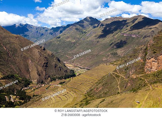 Incan agricultural terraces at the Pisac ruins in the Sacred Valley of the Incas, Peru