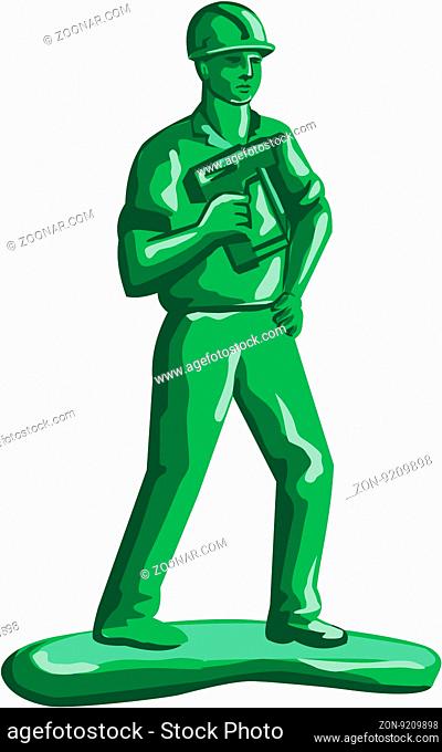 Illustration of a green plastic toy construction worker standing wearing hard hat holding nailgun and other hand on hips viewed from front set on isolated white...