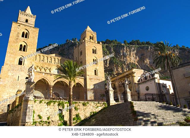 Duomo the cathdedral at Piazza del Duomo square central Cefalu town Sicily Italy Europe