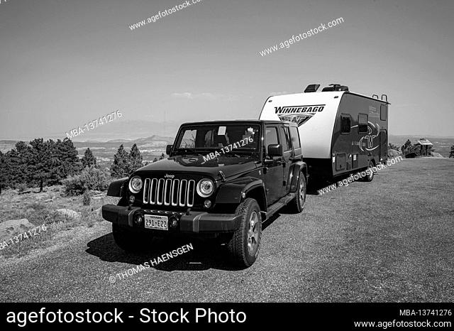 parking Jeep and Caravan at the Vista Point Larb Hollow Overlook, Garfield County, Utah, USA