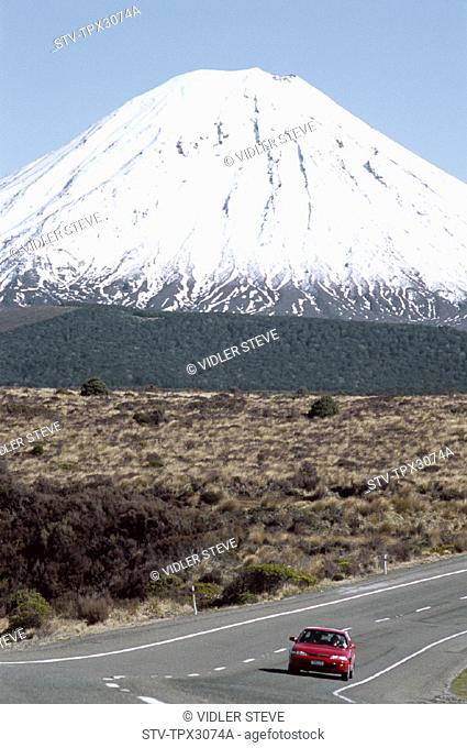 Capped, Car, Holiday, Landmark, Mount ngarahoe, Mountain, New zealand, North island, Red, Road, Snow, Tongariro, Tongariro natio