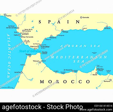 Strait of Gibraltar, political map. Also known as Straits of Gibraltar. Narrow strait, connecting the Atlantic Ocean to the Mediterranean Sea