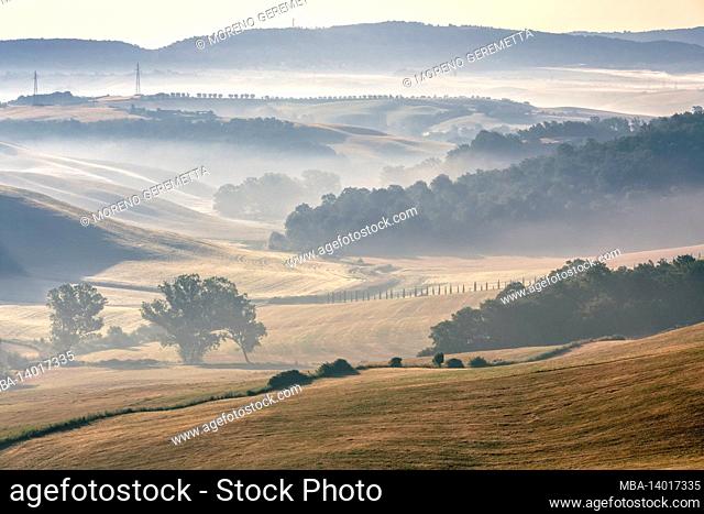tuscan landscape, morning with fog in the valleys and rolling hills of the crete senesi, asciano, province of siena, tuscany, italy