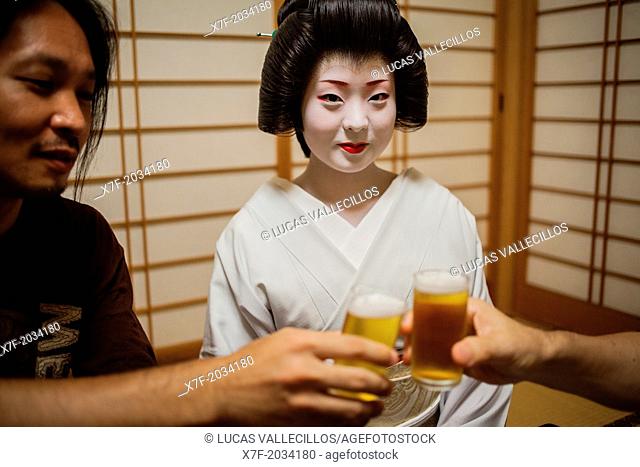 Fukuyu, geisha workimg in Miyaki tea house (o-chaia).Geisha's distric of Miyagawacho.Kyoto. Kansai, Japan