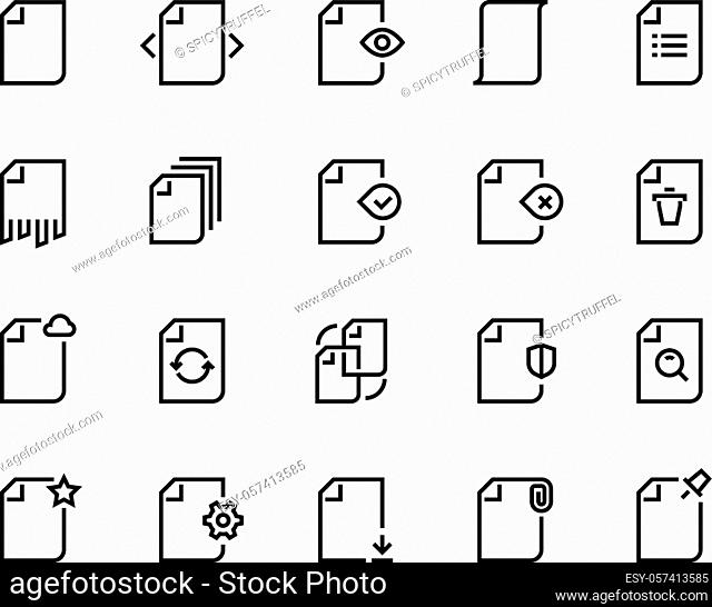 Documents line icons. Business paper file record data process search time update action work batch. Business document vector set