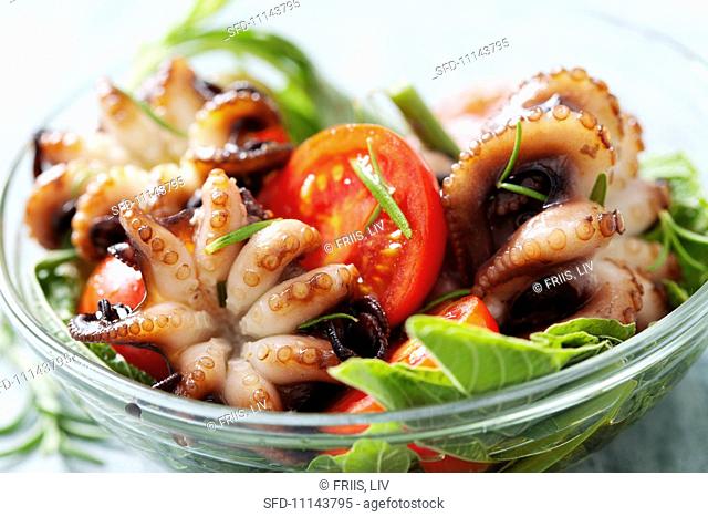 Octopus salad with tomatoes and amaranth