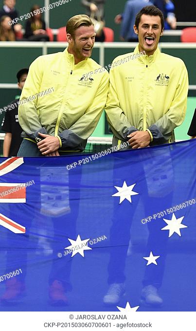 Australian team poses prior to the first match, Czech tennis player Lukas Rosol against Australian Thanasi Kokkinakis, of Davis Cup first round Czech Republic...